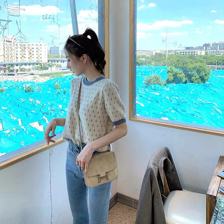 

Japanese gentle wind short knit sweater women's spring 2021 new ins net red ocean atmosphere bottoming short-sleeved top