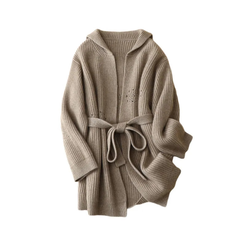 

Женский кашемировый кардиган на шнуровке, теплый однотонный кардиган с круглым вырезом и поясом, верхняя одежда, зима 100%