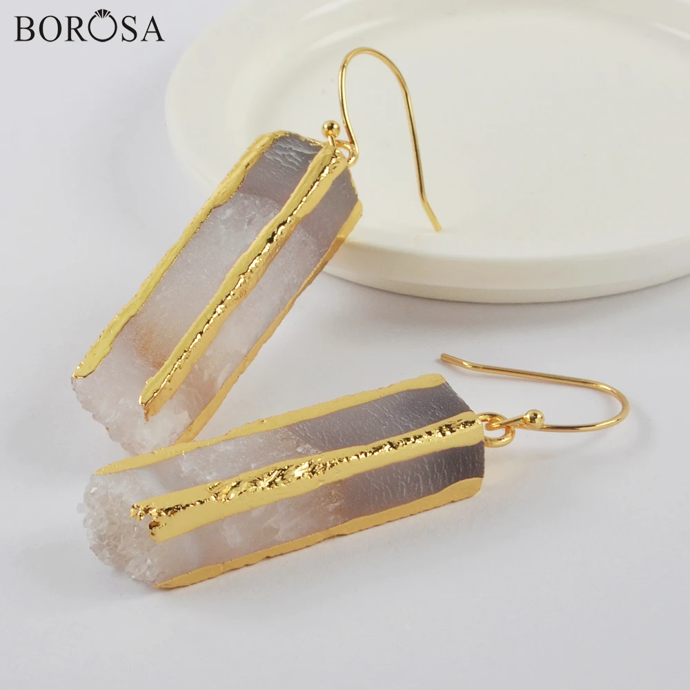 

BOROSA Gold Color Agates Druzy Earrings for Women Natural Quartz Gems Stone Dangle Earrings Handmade Earrings as Gifts G1999-E
