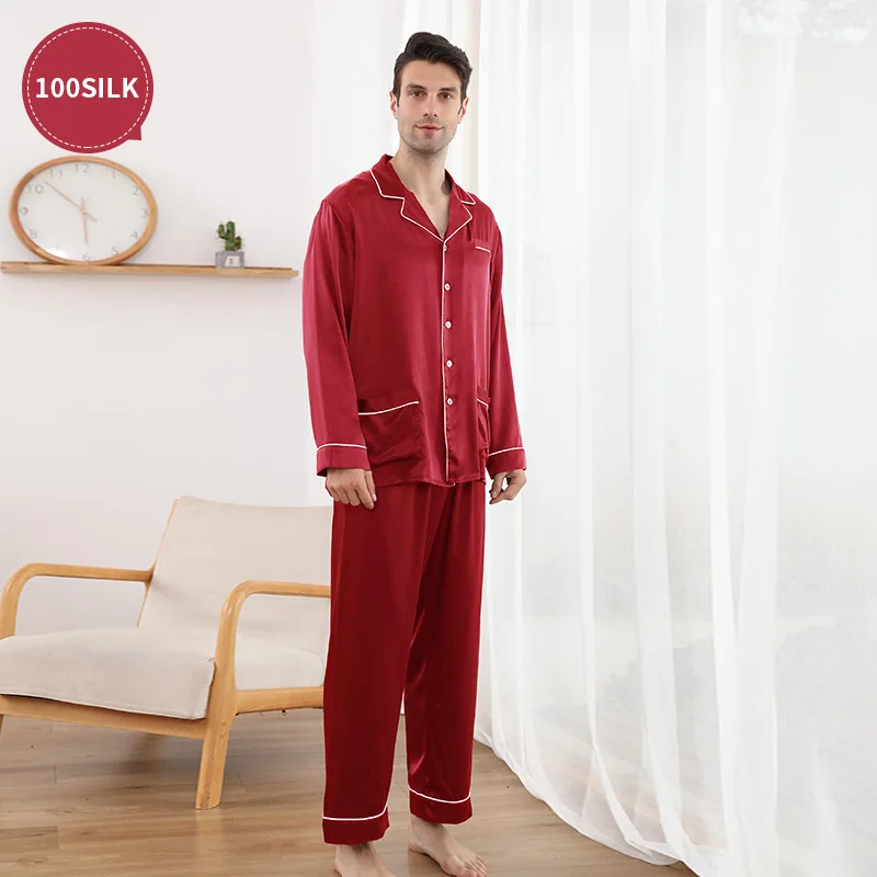 22 mm new style thicker silk pajamas men's 100% mulberry silk long-sleeved trousers set home sleepwear