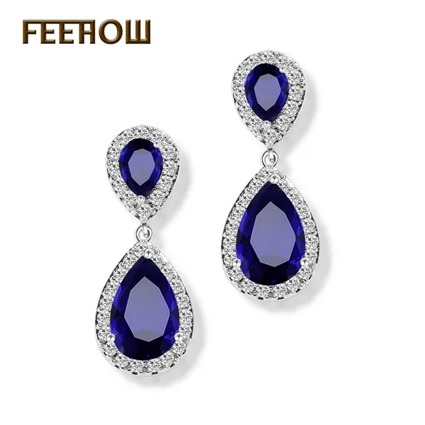 Blue FEEHOW, модные элегантные свадебные ювелирные изделия, розовое золото, цветная слеза, кубический циркон, висячие серьги для женщин, Свадебная вечеринка FWEP091 - Окраска металла: Blue