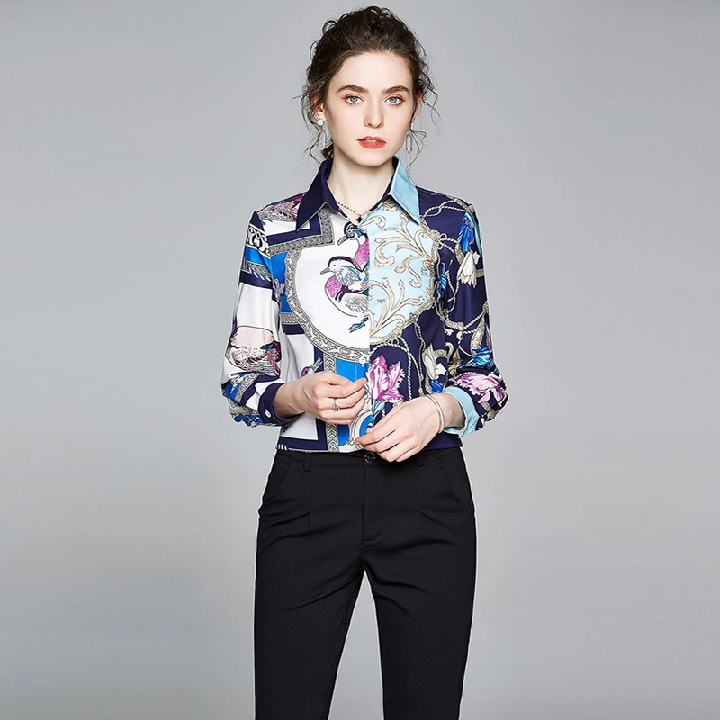 

Runway Fashion Spring Women Blouses and Shirts Office Lady Long Sleeve Vintage Print Blusas Casual Female Tops