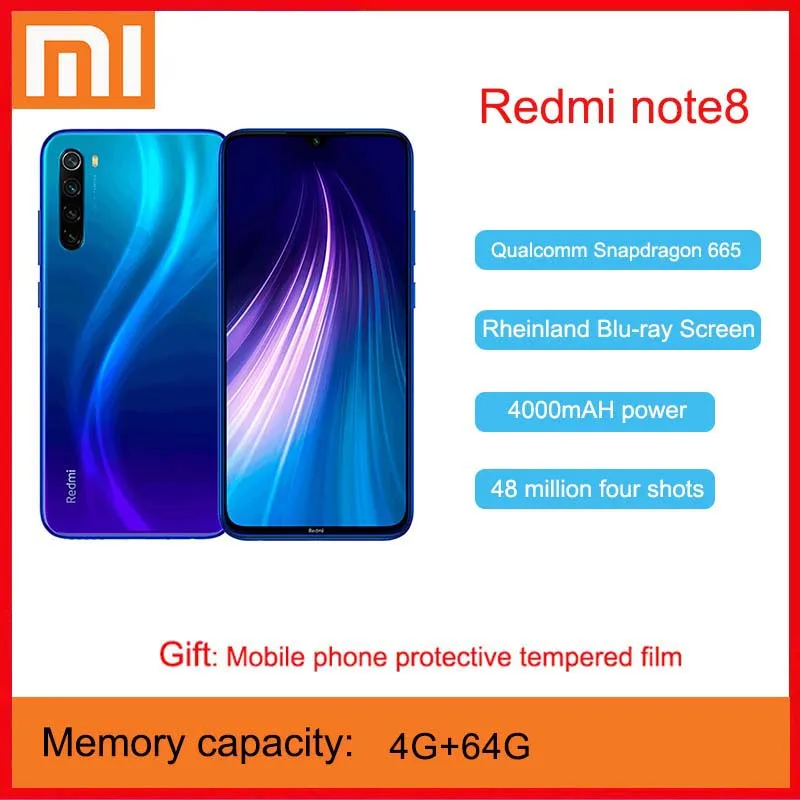 Смартфон Redmi Note 8 4 + 64 ГБ Snapdragon 665 восемь ядер 6 3 дюйма 4000 мАч 48 МП четыре задних