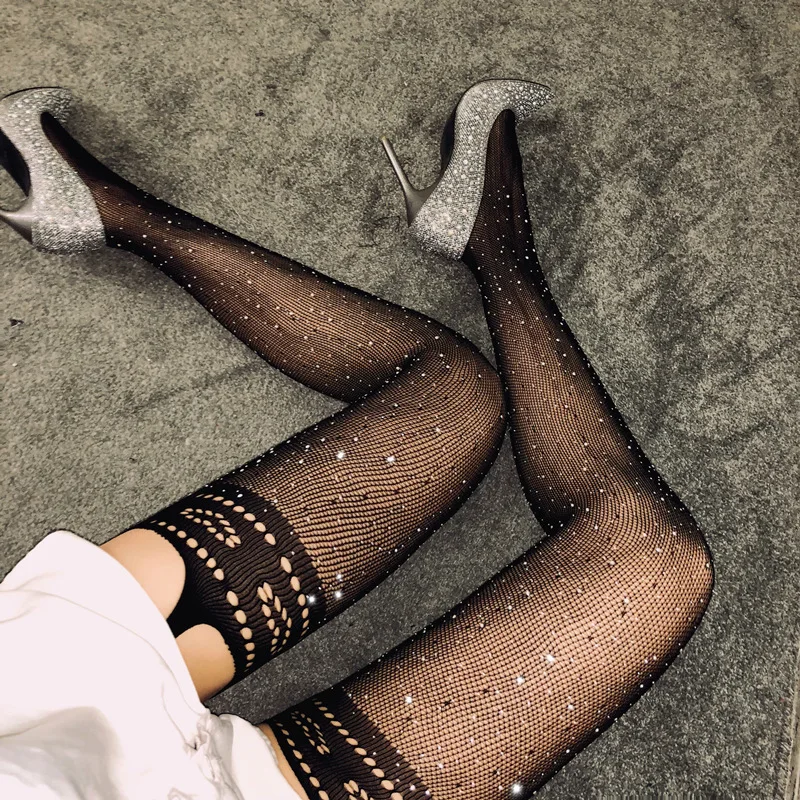 Sexy Fishnet Tights Women Glitter Rhinestone Hollow Out Pantyhose Lingerie Drilling Mesh Shiny Female Slim Thin Hosiery | Женская одежда