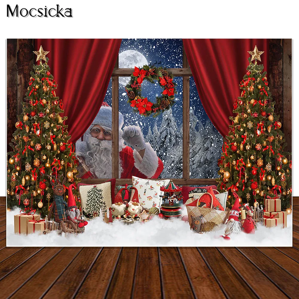 

Christmas Backdrop Santa Claus Behind The Window Background Snow Forest Xmas Tree Photography Child Kids Portrait Photostudio