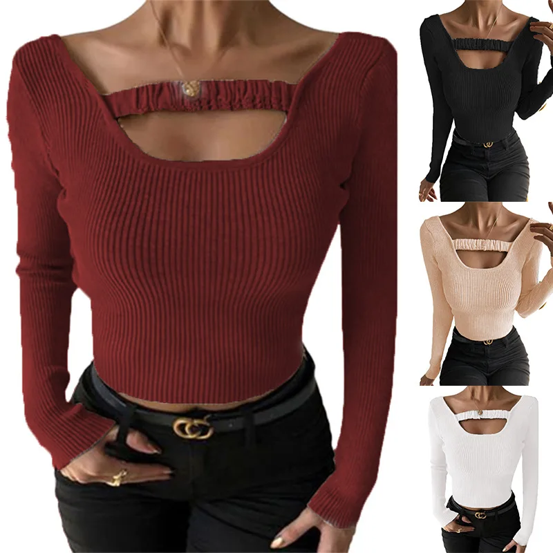 

2021 Autumn and Winter New Women's Tops Solid Color Sexy Round Neck Slim Long-sleeved T-shirt Casual Pullover Ladies Tops