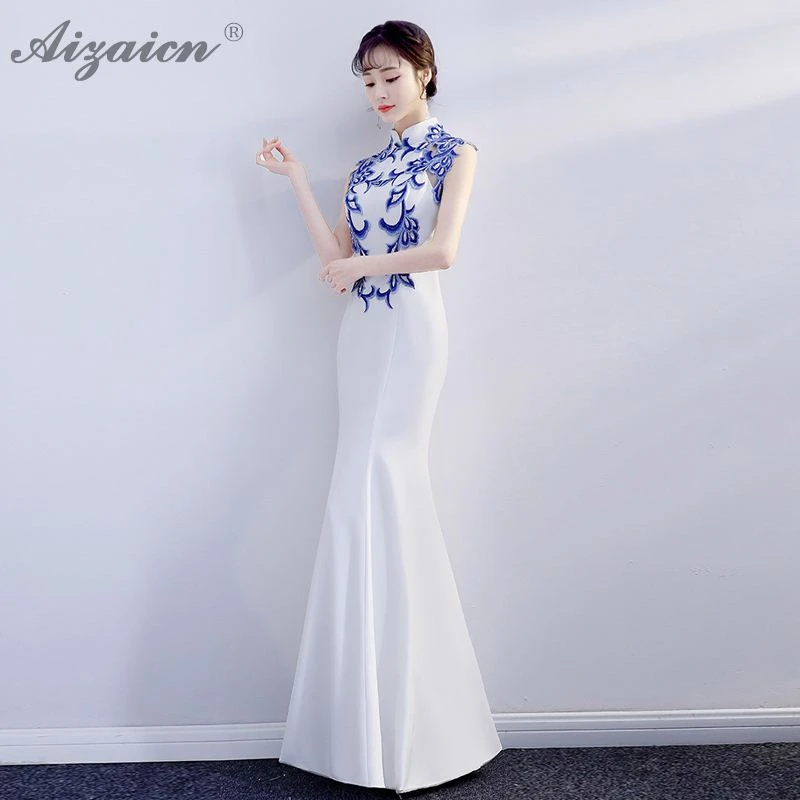 White Mermaid Slim Cheongsam Modern Host Elegant Long Gown Qi Pao Women Chinese Evening Dress Qipao Promotion Party Dresses |