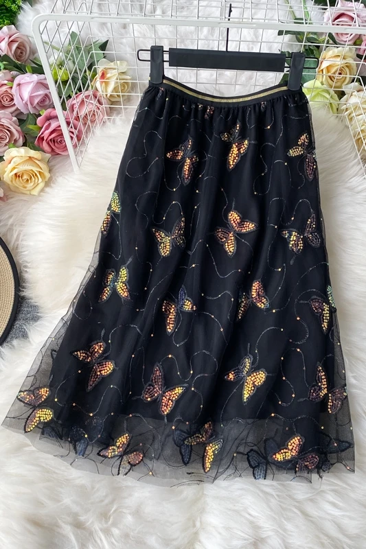 

Summer New Women Elegant Mesh Half-length Butterfly Skirt Mid-length High waist Casual skirts