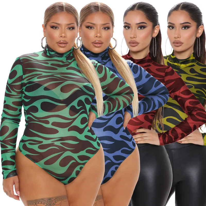 

ZKYZWX Plus Size Mesh Sheer Bodycon Bodysuit Long Sleeve Y2k Clothes for Women Sexy See Through One Piece Night Club Outfits