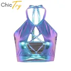 Женский соблазнительный укороченный топ с эффектом смачивания, металлический укороченный топ на бретелях спереди, с открытой спиной, для клувечерние, для выступления, для танцев на шесте, женский костюм