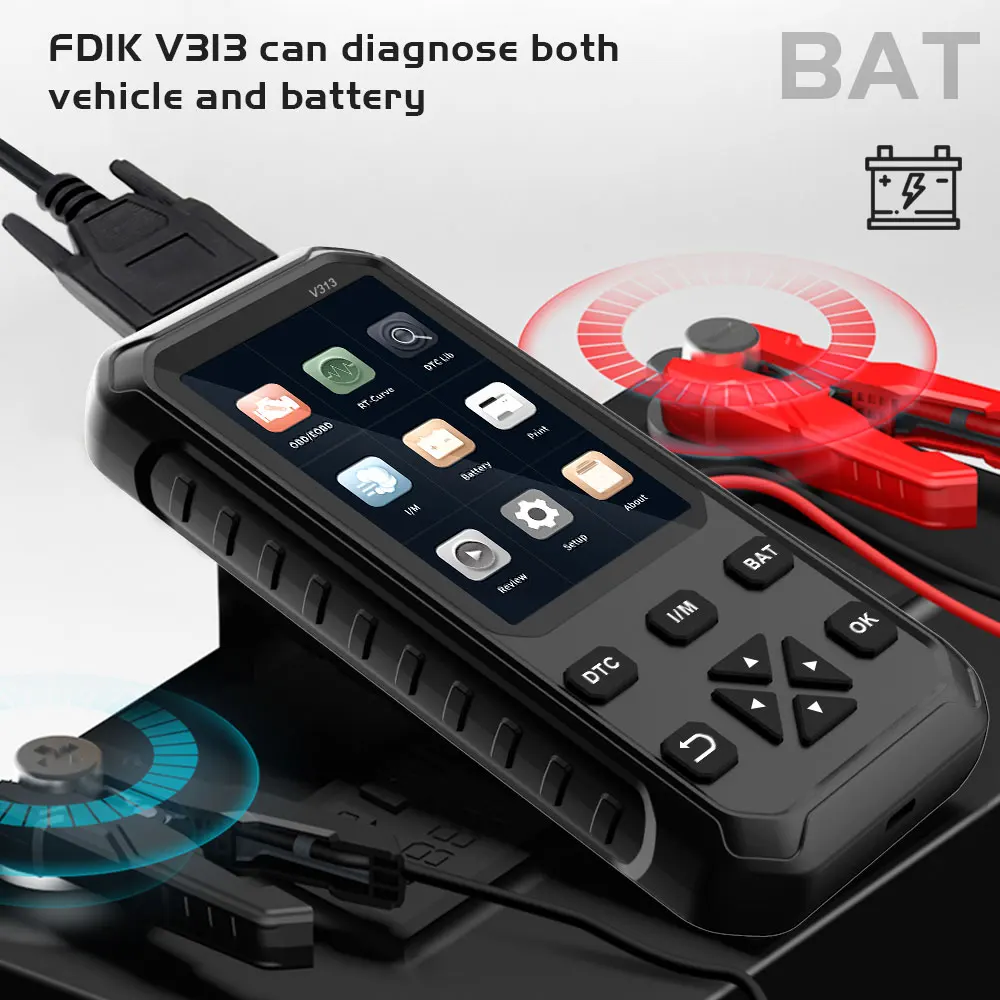FDIK Obd2 сканер V313 Автомобильный диагностический инструмент с Батарея тестирования