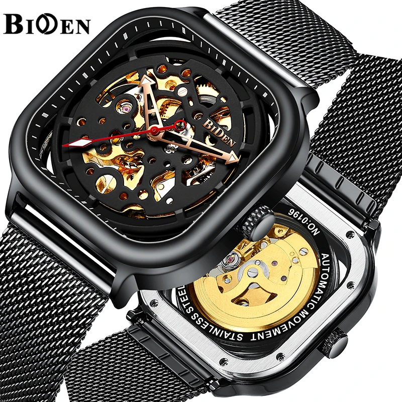 BIDEN квадратные автоматические механические часы для мужчин полный черный