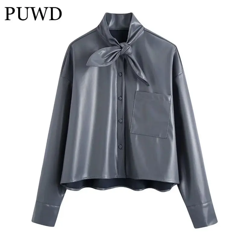 

PUWD Oversize Women Turn-down Collar Bow Lace Blouse 2021 Autumn Fashion High Street Loose Shirt Female Faux Leather Shirt