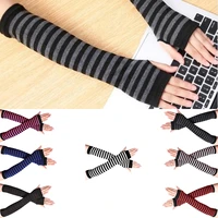 1pair women arm warmer fingerless long gloves knitted striped warm mittens protection arm warmer half finger sleeves