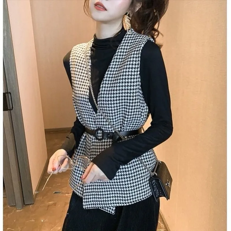 

Tweed Vest Women Sleeveless Jacket 2021 Autumn New England Style Vintage Slim V Neck Houndstooth Plaid Waistcoat with Belt Y652
