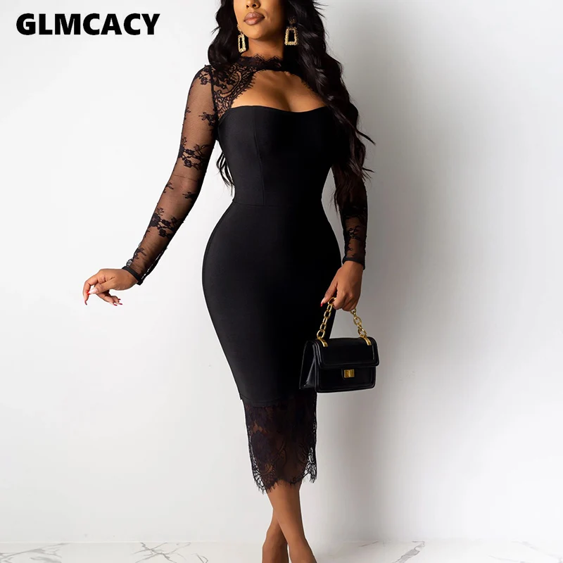 Женское кружевное платье миди с длинным рукавом однотонные Сексуальные вечерние