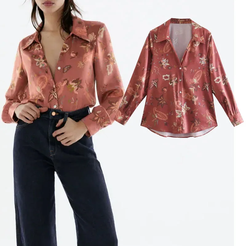

Women Tops Za 2021 Autumn New Fashion printing Loose Verticality Blouses Vintage Long Sleeve Female Shirts Chic Tops