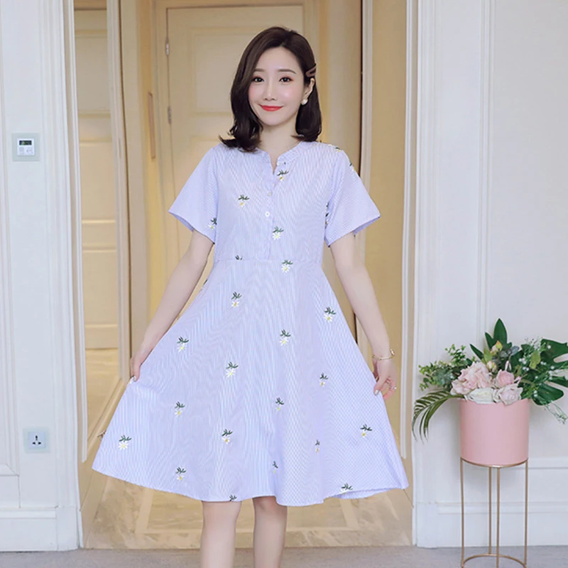 

Maternity Dresses Striped Embroidered Mid-length Plus Size Dress For Pregnant Women's Nursing Summer Dress Skirt For Pregnant