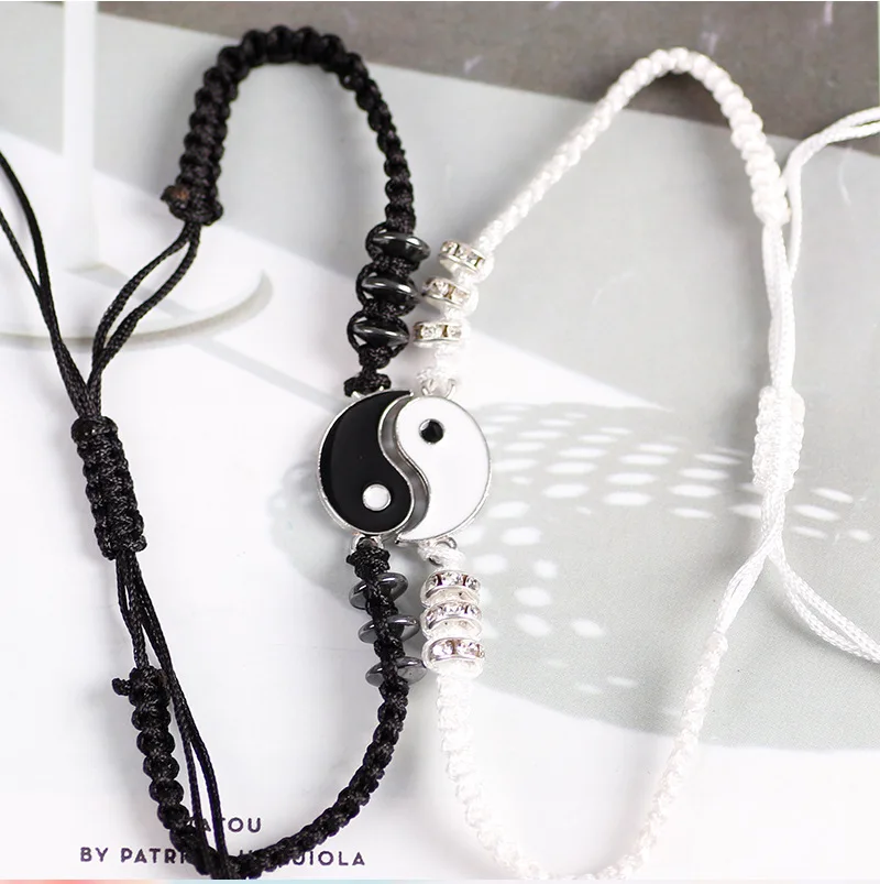 

Evil Spirit Bracelet Bring Lucky Chinese Tai Chi Hematite Leather Cord Braid Chain Bracelet Woven Valentine Lover Bracelets Gift