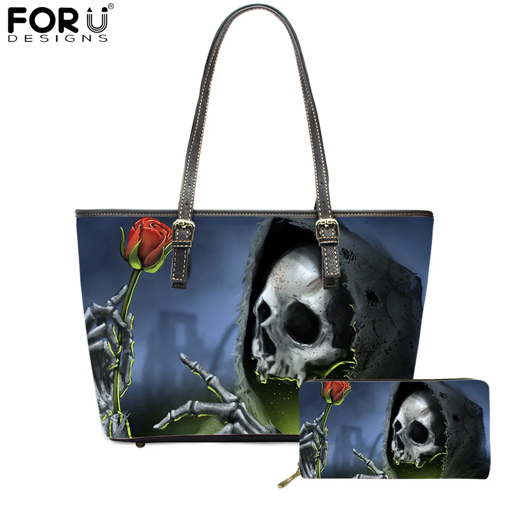 

FORUDESIGNS Gothic Skull with Rose Prints Leather Shoulder Bags With Wallets Set For Women Punk Style Casual Messenger Sac Femme
