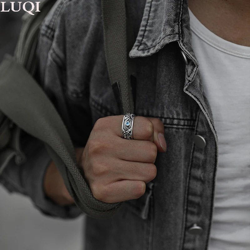 

Fashionable Men and Women S925 Silver Retro Blue Eyed Eyes Ethnic Individuality Open Rings TJ-122