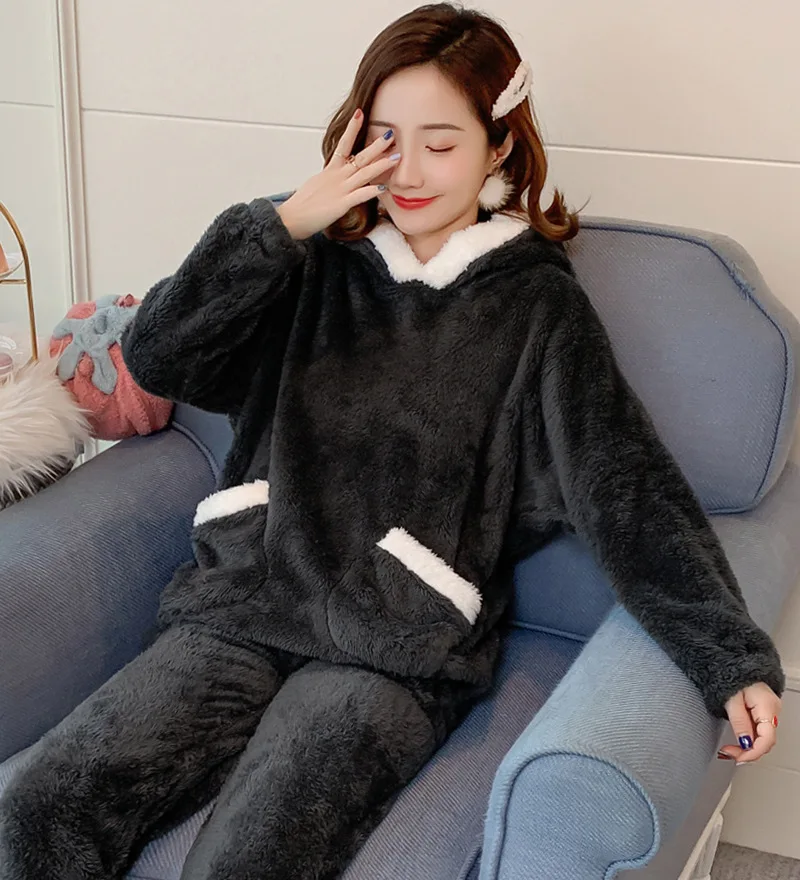 Осень Зима Женская домашняя одежда костюм толстый теплый коралловый фланелевая