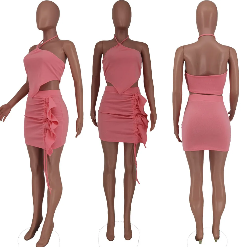 

2021 Fashion Female Matching Suit Sexy Beach Nightclub Ruffle Casual Strapped Two Piece Set Women