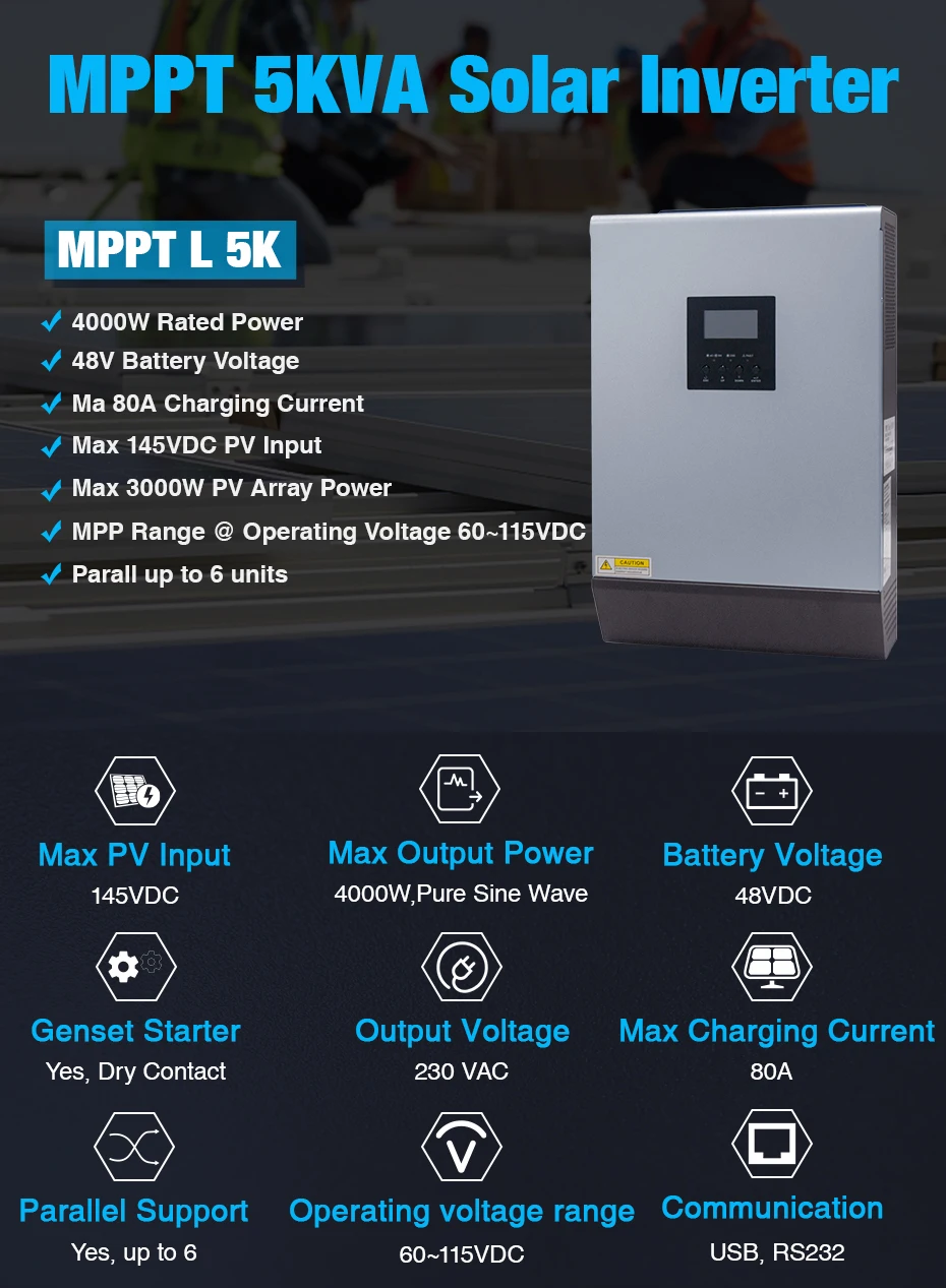 5KVA Гибридный солнечный инвертор 4000W 48Vdc для 230Vac с немодулированным синусоидальным сигналом 50/60HZ 48V 80A MPPT регулятором солнечного Зарядное устройство и 60A AC Зарядное устройство