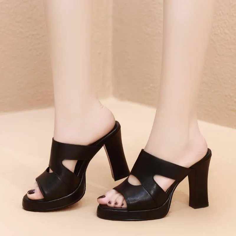 

Women's hollow out slippers versatile fish mouth waterproof platform thick bottom open toe High Heel Thick slippers