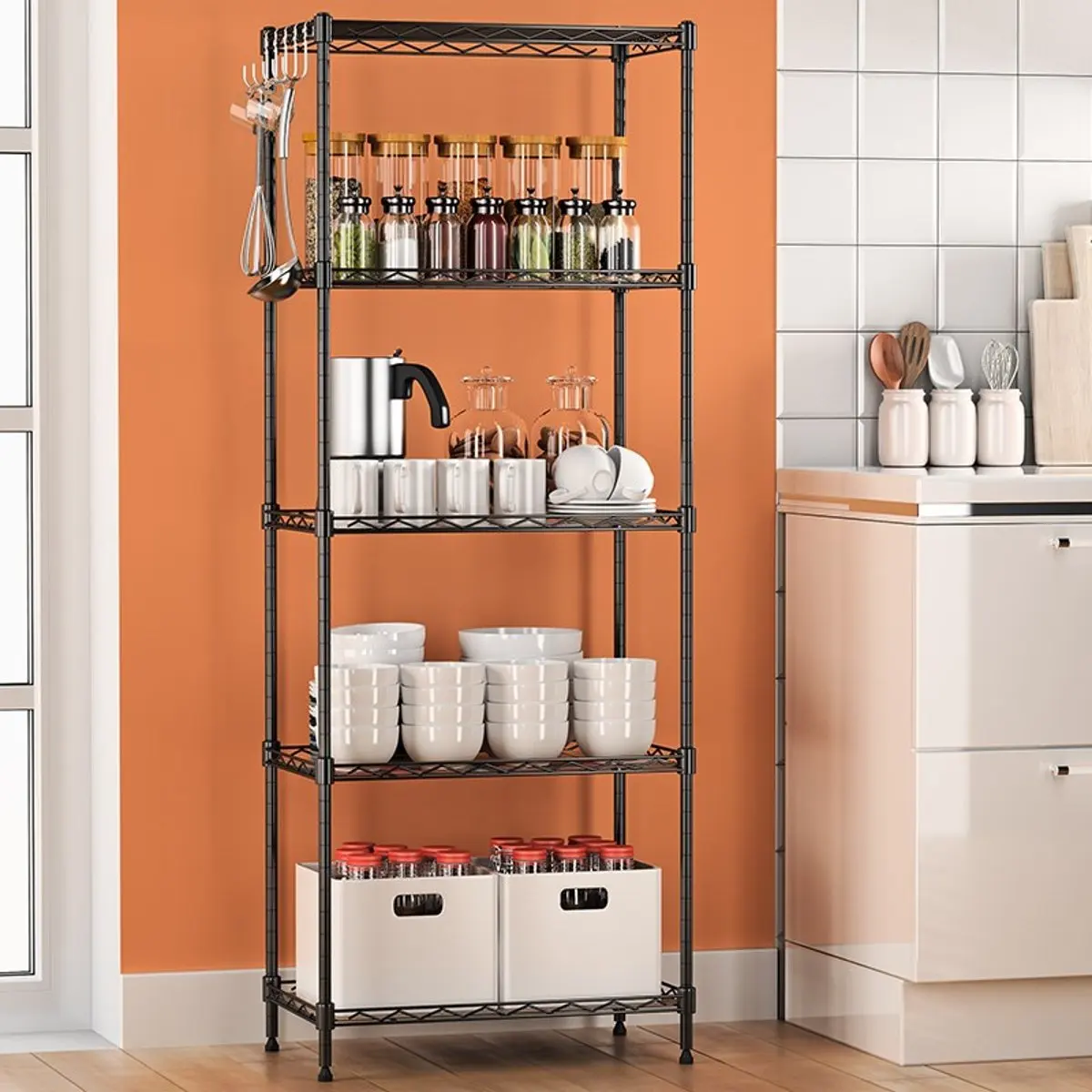 

3/4/5 Tier Storage Shelf Steel Wire Shelving Unit Organizer Rack Holder Home Kitchen Adjustable Bookshelf Storage Books Display
