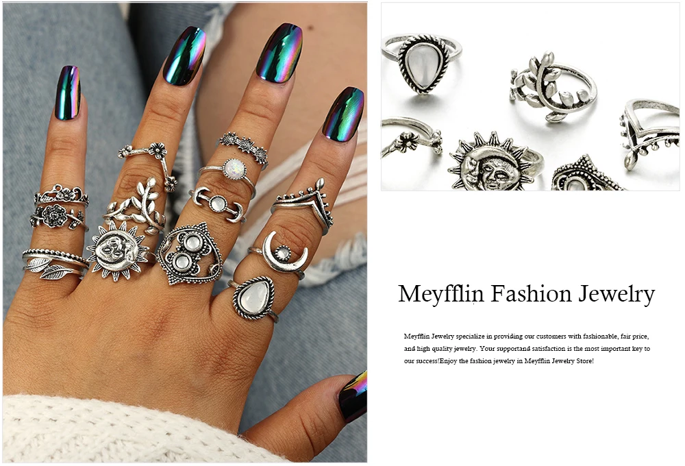 Meyfflin, 14 шт., богемные кольца для женщин, Винтаж, серебряный цвет, большое солнце, луна, кольцо на фаланг пальца, набор ювелирных изделий, панк, вечерние, Bague Femme