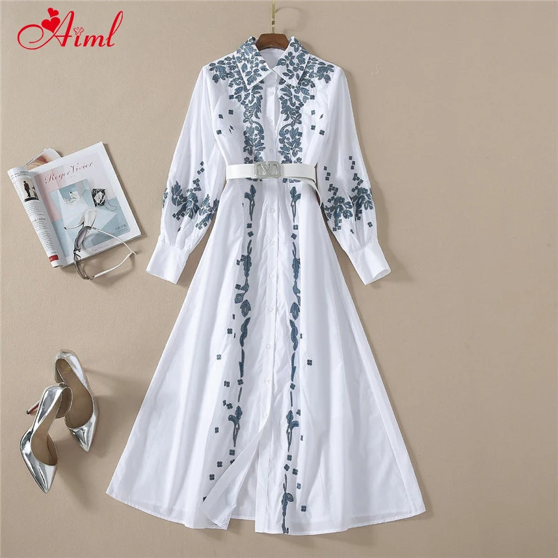 

Designer 2020 Summer Fashion White Dress Female Elegant Long sleeve Belt Embroidery Party Festival Dresses Robe Femme New