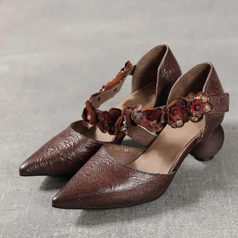 

Johnature Retro Pumps Women Shoes Flower High Heels Pointed Toe Genuine Leather 2021 New Spring Hook & Loop Casual Ladies Shoes