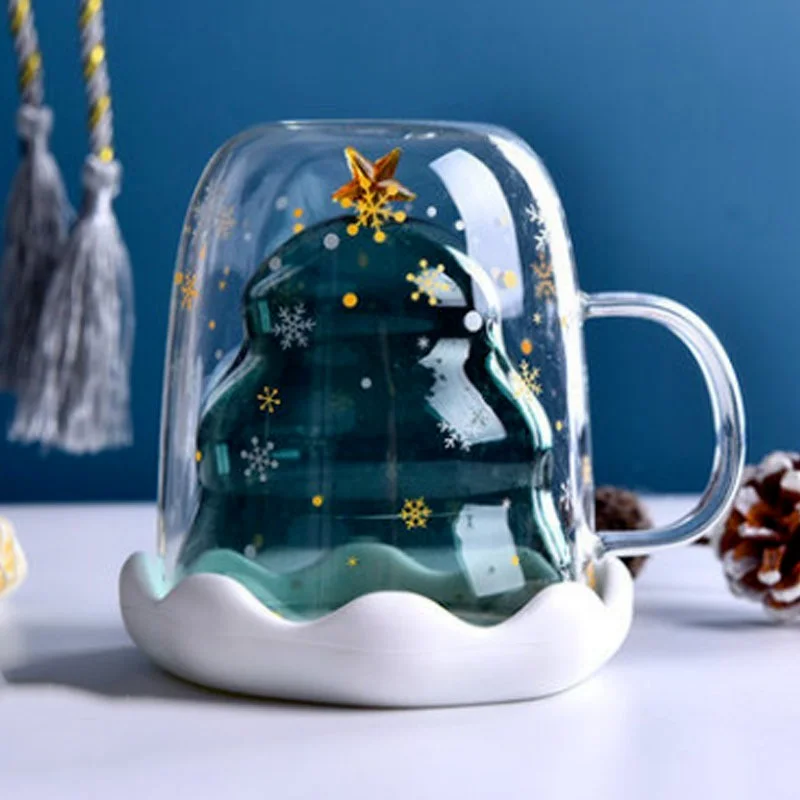 

Double Layered Anti Scald Glass 300ML Christmas Tree Starry Sky Coffee Mug Thermal Insulation Breakfast Milk Cup Children's Gift