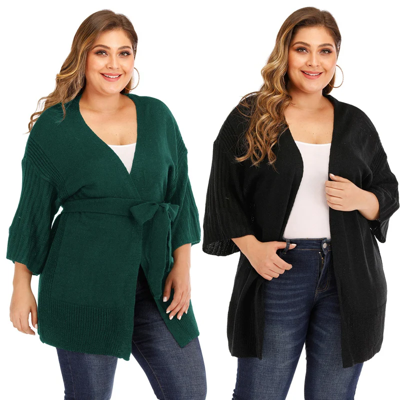 

Кардиган женский осенне-зимний вязаный с поясом, большого размера