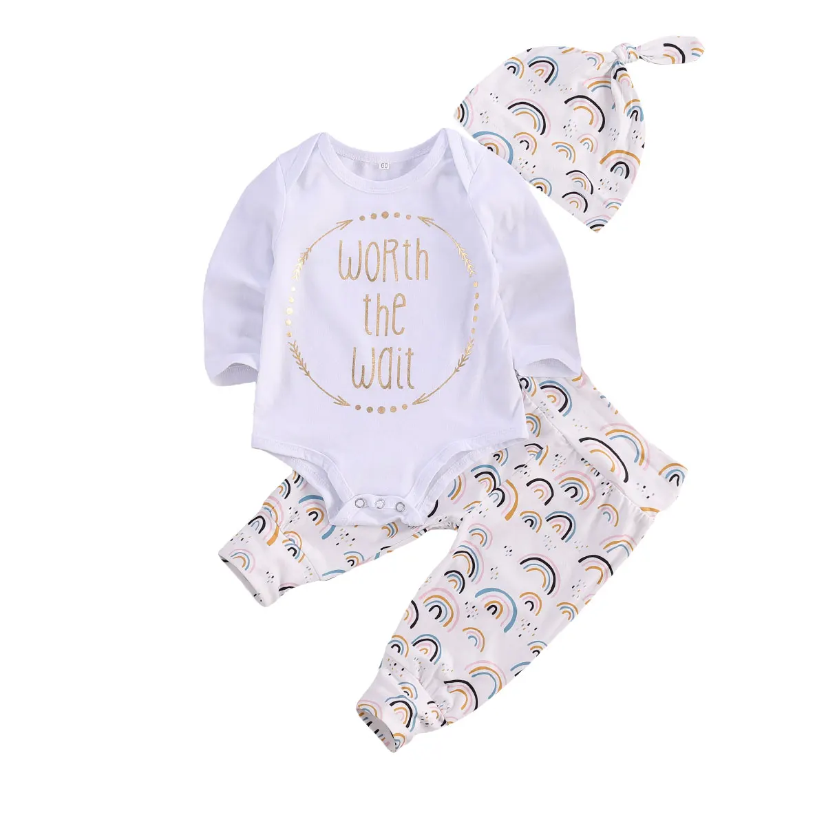 

Осенняя одежда для новорожденных мальчиков и девочек, милый комбинезон с длинным рукавом и буквенным принтом + радужные штаны + шапка, компл...