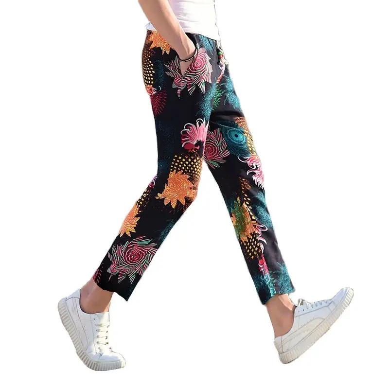 Летние мужские штаны с цветочным принтом на шнуровке длиной до щиколотки размеры
