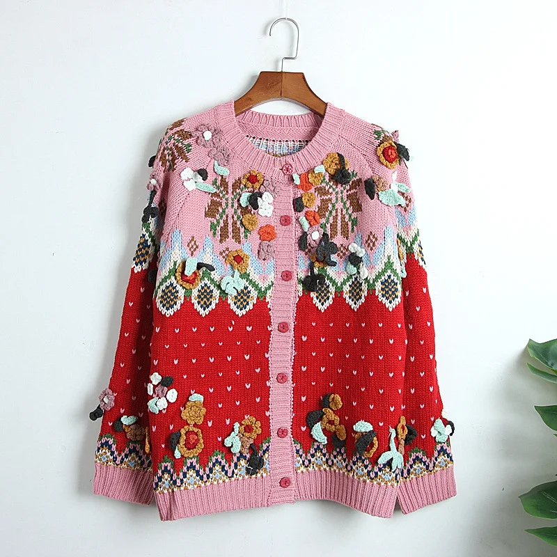 Sweater Coat Female Red Hand Woven Three-dimensional Flower Ferris Wheel College Style Christmas Knitted Cardigan