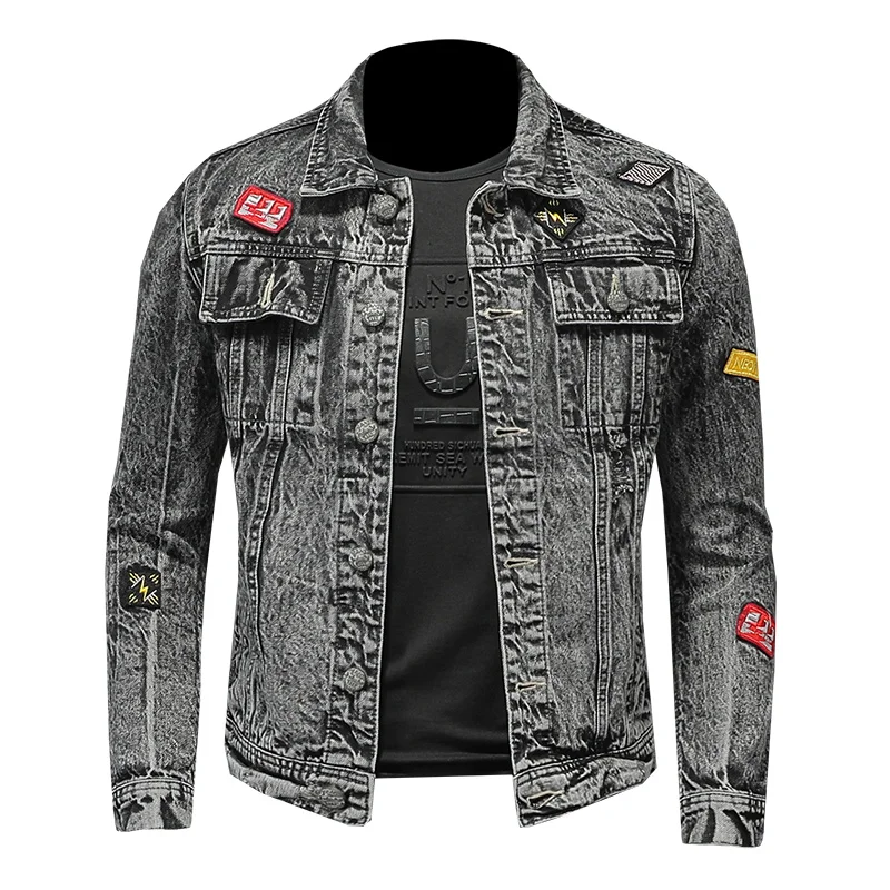 

Мужская джинсовая куртка, однобортная приталенная куртка в стиле хип-хоп, однотонная, 2021, Нагрудный значок
