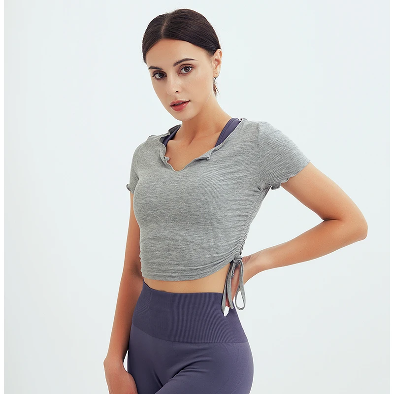 Женская спортивная рубашка с коротким рукавом эластичный укороченный топ для