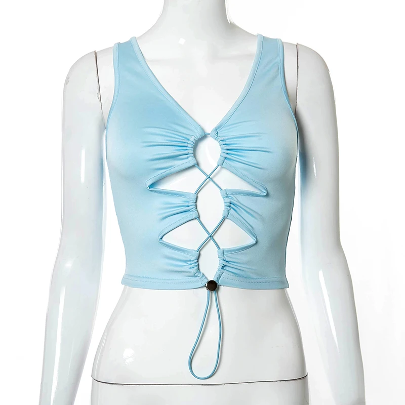 

2021 Solid V-neck Sleeveless Drawstring Fashion Slim Slim Navel Sports Casual Top Hollow Vest Women's Casual Sexy Streetwear