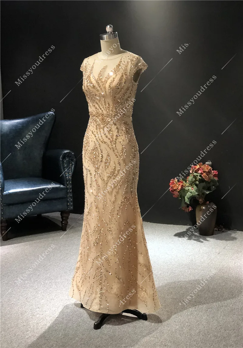 Vestidos de fiesta 2021 Real Sample Gold Short Sleeves Mermaid Floor Length Formal Party Prom Bridal Women Dancing Evening Dress