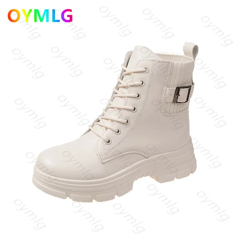 

Autumn Winter Boots Women Platforms Punk Motorcycle Lady Leather Shoes Lace Up Snow Round Toe Botines De Mujer