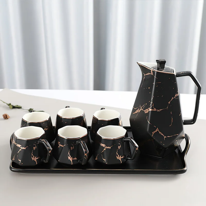 

Ceramics Coffee Set Gold Rim Black Marble Drinkware Tea Cup Pot Tray Large Kattle Bar Decoration Home Kitchen Supplies Waterware