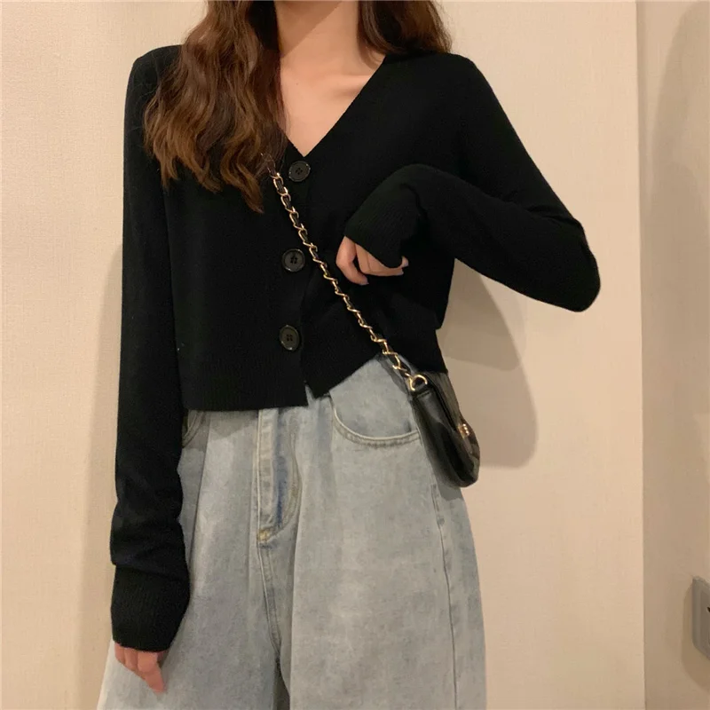 

Cardigan Women Knitted Cardigan Korean Fashion Tops Women 2021 Spring Short Jacket Long Sleeve V neck Thin Sweater Black