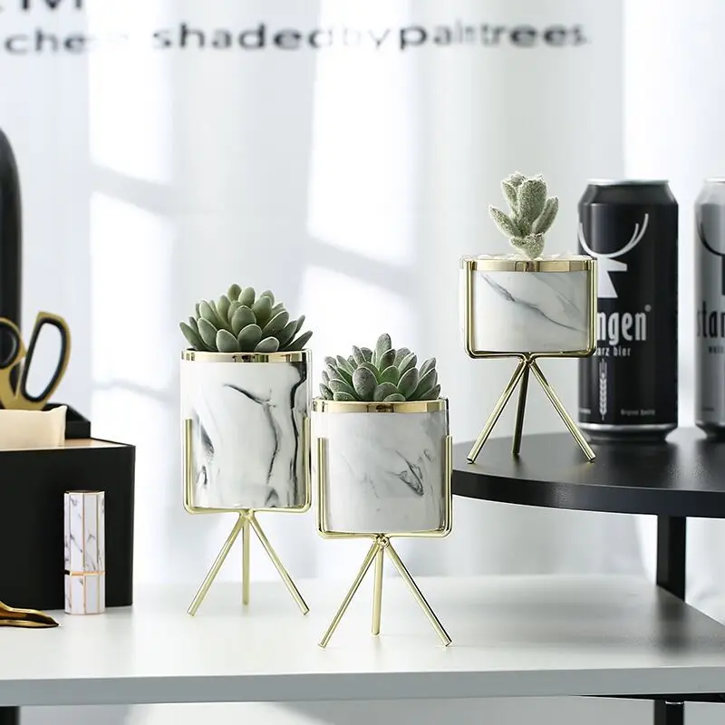 

Nordic Ceramic Iron Art Vase Marble Pattern Rose Gold Silver Tabletop Green Plant Pot Home Office Vases Decorative