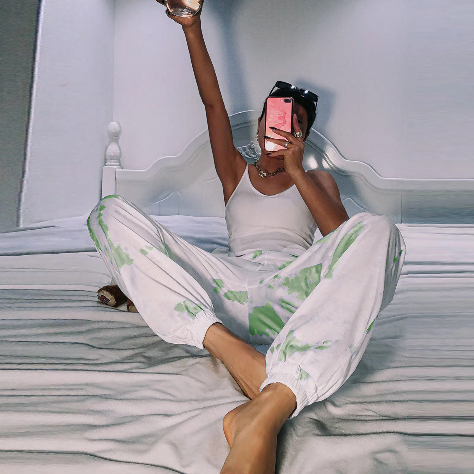 

Women's Tie-dye Mid Waist Cotton Pants 2021 New Women Loose Straight Pocket Casual Trouser Sport Jogging Pants Korean Style