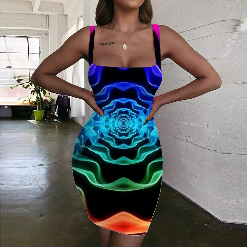 

KYKU Rainbow Dress Women Colorful Sundress Dizziness Halter Sleeveless Art Bodycon Dress Womens Clothing Club Vintage
