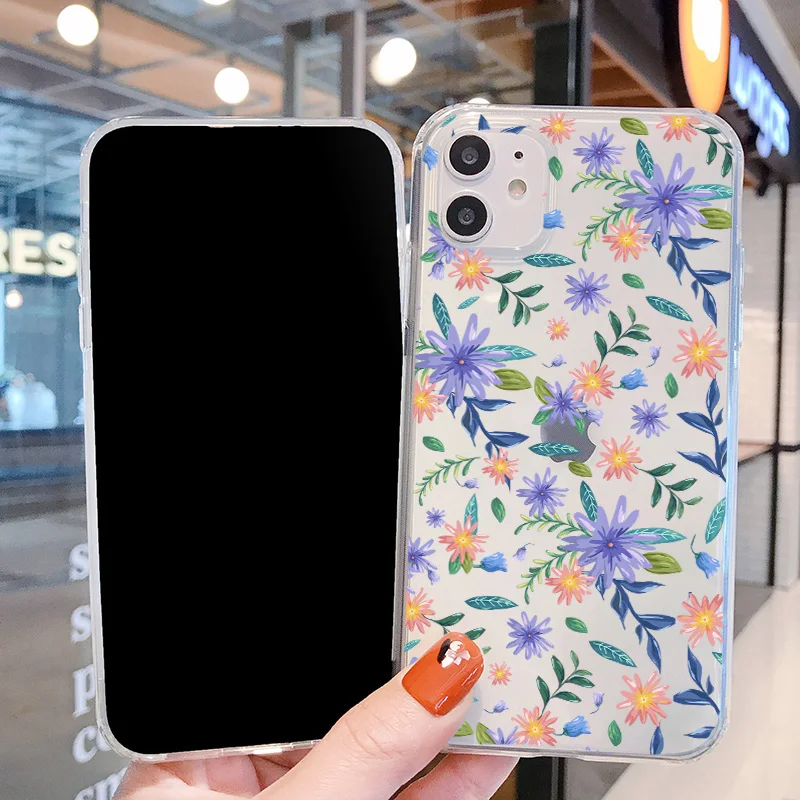 

Fashion Purple Flower Phone Case For iphone SE2 6 7 8 plus X XR XS Max Cute Transparent Soft Back Cover For iphone 11 12 Pro max