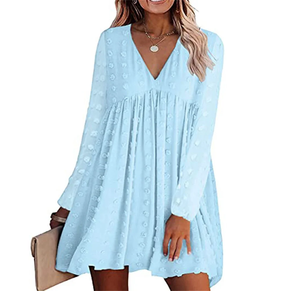 Купи 2021 Autumn Women's Mini Dress Large Size Loose V-Neck Jacquard Hair Ball Long Sleeve Dating Cake Dress Ladies Casual Clothing за 679 рублей в магазине AliExpress